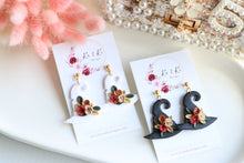 Load image into Gallery viewer, Witch Hat Polymer Clay Earrings – Handmade Halloween Earrings | Spooky Cute Statement Jewelry | KeandKi Designs (Black Flower)