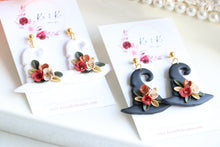 Load image into Gallery viewer, Witch Hat Polymer Clay Earrings – Handmade Halloween Earrings | Spooky Cute Statement Jewelry | KeandKi Designs (Black Flower)