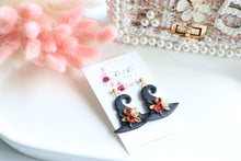 Load image into Gallery viewer, Witch Hat Polymer Clay Earrings – Handmade Halloween Earrings | Spooky Cute Statement Jewelry | KeandKi Designs (Black Flower)