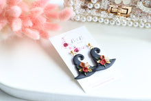 Load image into Gallery viewer, Witch Hat Polymer Clay Earrings – Handmade Halloween Earrings | Spooky Cute Statement Jewelry | KeandKi Designs (Black Flower)