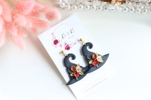 Load image into Gallery viewer, Witch Hat Polymer Clay Earrings – Handmade Halloween Earrings | Spooky Cute Statement Jewelry | KeandKi Designs (Black Flower)