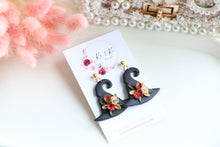 Load image into Gallery viewer, Witch Hat Polymer Clay Earrings – Handmade Halloween Earrings | Spooky Cute Statement Jewelry | KeandKi Designs (Black Flower)
