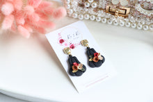 Load image into Gallery viewer, Pumpkin Floral Polymer Clay Earrings – Handmade Autumn Halloween Earrings | Fall Floral Jewelry | KeandKi Designs ( Tri color Black Red teracotta and beige Floral )