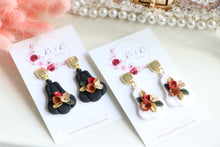 Load image into Gallery viewer, Pumpkin Floral Polymer Clay Earrings – Handmade Autumn Halloween Earrings | Fall Floral Jewelry | KeandKi Designs ( Tri color Red teraccotta beige  Floral )