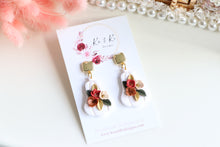Load image into Gallery viewer, Pumpkin Floral Polymer Clay Earrings – Handmade Autumn Halloween Earrings | Fall Floral Jewelry | KeandKi Designs ( Tri color Red teraccotta beige  Floral )