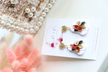 Load image into Gallery viewer, Pumpkin Floral Polymer Clay Earrings – Handmade Autumn Halloween Earrings | Fall Floral Jewelry | KeandKi Designs ( Tri color Red teraccotta beige  Floral )