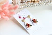 Load image into Gallery viewer, Pumpkin Floral Polymer Clay Earrings – Handmade Autumn Halloween Earrings | Fall Floral Jewelry | KeandKi Designs ( Tri color Red teraccotta beige  Floral )