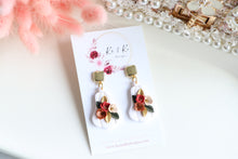 Load image into Gallery viewer, Pumpkin Floral Polymer Clay Earrings – Handmade Autumn Halloween Earrings | Fall Floral Jewelry | KeandKi Designs ( Tri color Red teraccotta beige  Floral )