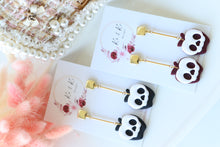 Load image into Gallery viewer, Apple Skull Polymer Clay Earrings – Poison Apple Halloween Earrings | Handmade Spooky Cute Jewelry | KeandKi Designs (Marroon)