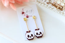 Load image into Gallery viewer, Apple Skull Polymer Clay Earrings – Poison Apple Halloween Earrings | Handmade Spooky Cute Jewelry | KeandKi Designs (Marroon)