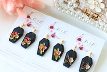 Load image into Gallery viewer, Coffin Floral Polymer Clay Earrings – Gothic Floral Halloween Earrings | Handmade Statement Jewelry | KeandKi Designs ( Pink Orange color)