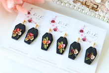 Load image into Gallery viewer, Coffin Floral Polymer Clay Earrings – Gothic Floral Halloween Earrings | Handmade Statement Jewelry | KeandKi Designs ( Tri color)