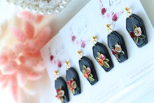 Load image into Gallery viewer, Coffin Floral Polymer Clay Earrings – Gothic Floral Halloween Earrings | Handmade Statement Jewelry | KeandKi Designs ( red beige color)
