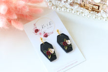Load image into Gallery viewer, Coffin Floral Polymer Clay Earrings – Gothic Floral Halloween Earrings | Handmade Statement Jewelry | KeandKi Designs ( red beige color)