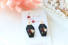 Load image into Gallery viewer, Coffin Floral Polymer Clay Earrings – Gothic Floral Halloween Earrings | Handmade Statement Jewelry | KeandKi Designs ( red beige color)