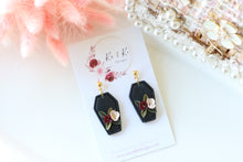 Load image into Gallery viewer, Coffin Floral Polymer Clay Earrings – Gothic Floral Halloween Earrings | Handmade Statement Jewelry | KeandKi Designs ( red beige color)