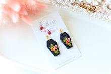 Load image into Gallery viewer, Coffin Floral Polymer Clay Earrings – Gothic Floral Halloween Earrings | Handmade Statement Jewelry | KeandKi Designs ( Pink Orange color)
