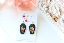 Load image into Gallery viewer, Coffin Floral Polymer Clay Earrings – Gothic Floral Halloween Earrings | Handmade Statement Jewelry | KeandKi Designs ( Pink Orange color)