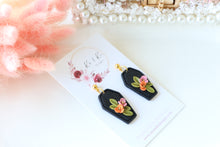 Load image into Gallery viewer, Coffin Floral Polymer Clay Earrings – Gothic Floral Halloween Earrings | Handmade Statement Jewelry | KeandKi Designs ( Pink Orange color)