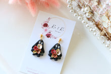 Load image into Gallery viewer, Floral Ghost Polymer Clay Earrings – Spooky Cute Halloween Earrings | Handmade Feminine Ghost Jewelry | KeandKi Designs ( Teracotta red and beige Floral )
