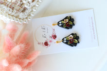 Load image into Gallery viewer, Floral Ghost Polymer Clay Earrings – Spooky Cute Halloween Earrings | Handmade Feminine Ghost Jewelry | KeandKi Designs ( Black ghost Red Beige ) (Copy)