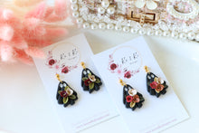 Load image into Gallery viewer, Floral Ghost Polymer Clay Earrings – Spooky Cute Halloween Earrings | Handmade Feminine Ghost Jewelry | KeandKi Designs ( Black tipped ghost Red Beige )