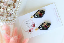 Load image into Gallery viewer, Floral Ghost Polymer Clay Earrings – Spooky Cute Halloween Earrings | Handmade Feminine Ghost Jewelry | KeandKi Designs ( Black tipped ghost Red Beige )