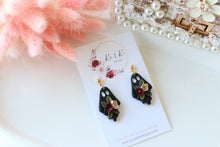Load image into Gallery viewer, Floral Ghost Polymer Clay Earrings – Spooky Cute Halloween Earrings | Handmade Feminine Ghost Jewelry | KeandKi Designs ( Black tipped ghost Red Beige )