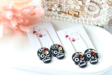 Load image into Gallery viewer, Floral Embossed Skull Floral Dangle Polymer Clay Earrings – Handmade Gothic Floral Earrings | Spooky Elegant Halloween Jewelry | KeandKi Designs