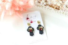 Load image into Gallery viewer, Cross Floral Polymer Clay Earrings – Handmade Floral Statement Earrings | Christian Jewelry | KeandKi Designs ( Black Florals )