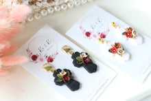 Load image into Gallery viewer, Cross Floral Polymer Clay Earrings – Handmade Floral Statement Earrings | Christian Jewelry | KeandKi Designs ( Black Florals )