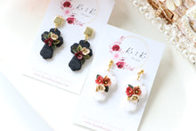 Load image into Gallery viewer, Cross Floral Polymer Clay Earrings – Handmade Floral Statement Earrings | Christian Jewelry | KeandKi Designs ( Black Florals )