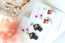 Load image into Gallery viewer, Cross Floral Polymer Clay Earrings – Handmade Floral Statement Earrings | Christian Jewelry | KeandKi Designs ( Black Florals )