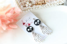 Load image into Gallery viewer, Tiny Skull Head & Steel Skeletal Hand Dangle Earrings – Handmade Gothic Halloween Jewelry | Polymer Clay Skull Earrings | KeandKi Designs