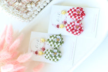 Load image into Gallery viewer, Checkered Dangle Floral Earrings – Handmade Statement Earrings for Women