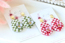 Load image into Gallery viewer, Checkered Dangle Floral Earrings – Handmade Statement Earrings for Women