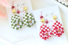 Load image into Gallery viewer, Checkered Dangle Floral Earrings – Handmade Statement Earrings for Women