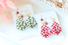 Load image into Gallery viewer, Checkered Dangle Floral Earrings – Handmade Statement Earrings for Women