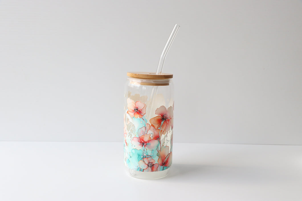 Floral Glass Coffee Cup With Bamboo Lid And Glass Straw
