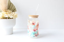 Load image into Gallery viewer, Floral Glass Coffee Cup With Bamboo Lid And Glass Straw
