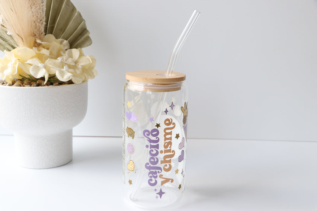 Coffee Theme Glass Coffee Cup With Bamboo Lid And Glass Straw