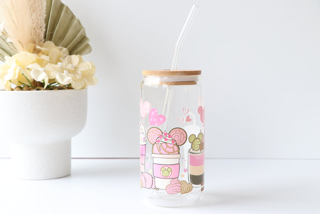 Coffee Theme Glass Coffee Cup With Bamboo Lid And Glass Straw