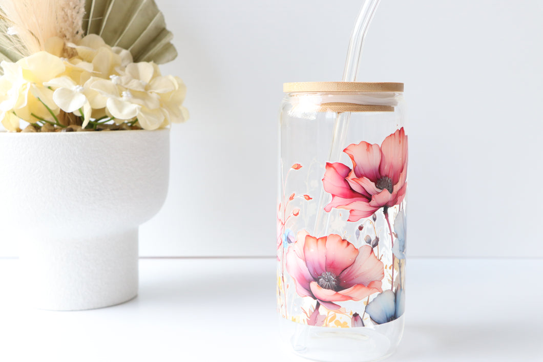 Floral Glass Tumbler With Bamboo Lid And Glass Straw