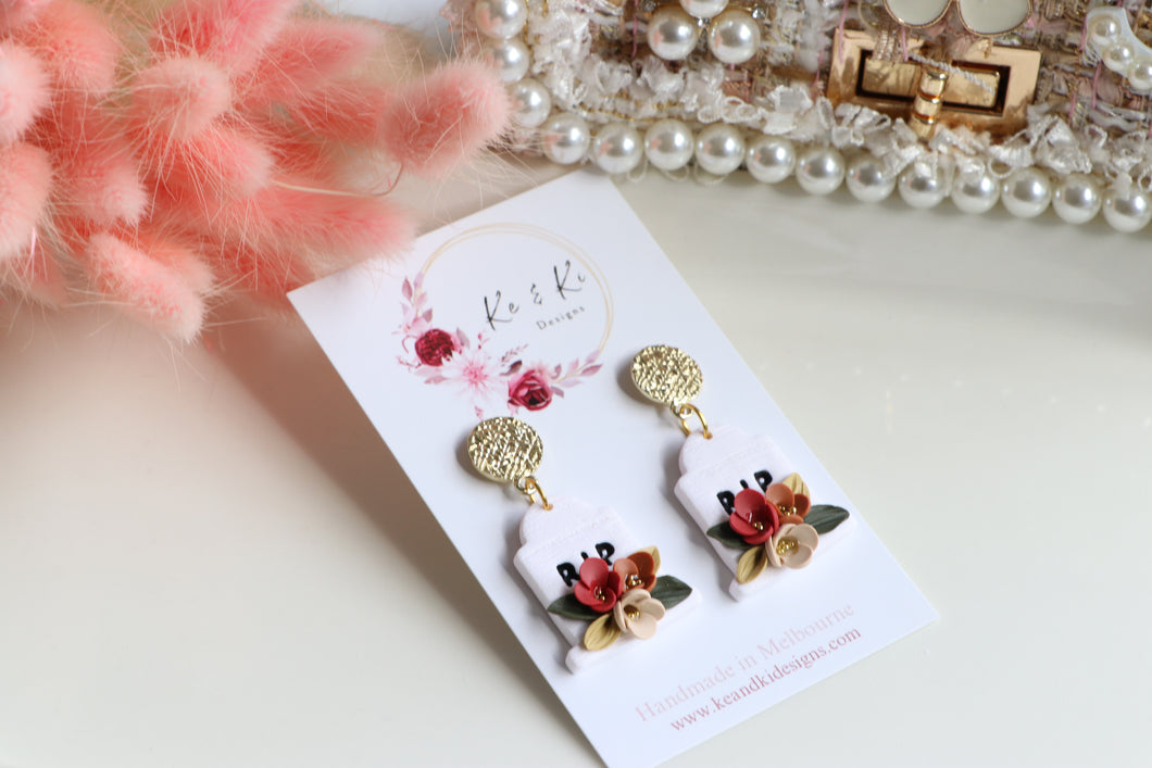 Tomb Polymer Clay Earrings – Handmade Gothic Floral Halloween Earrings | Spooky Elegant Jewelry | KeandKi Designs (White)