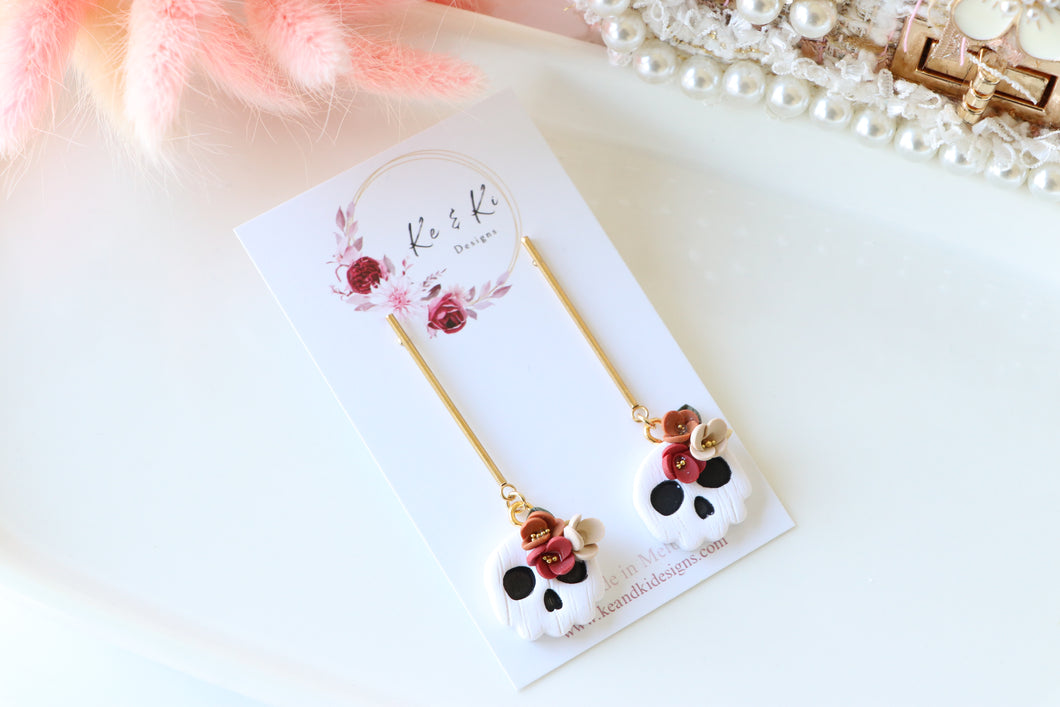 Floral Tiny Skull Polymer Clay Earrings – Mini Gothic Floral Earrings | Handmade Spooky Cute Jewelry | KeandKi Designs (White)