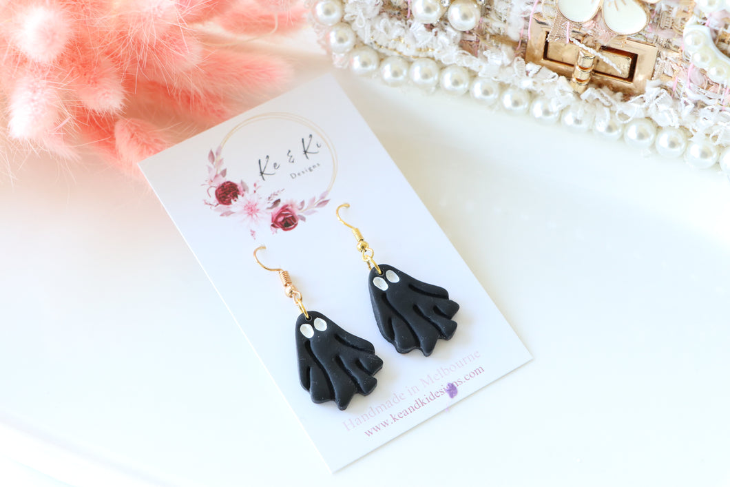 Simple Ghost Polymer Clay Earrings – Handmade Halloween Earrings | Spooky Cute Jewelry | KeandKi Designs (Black Ghost)