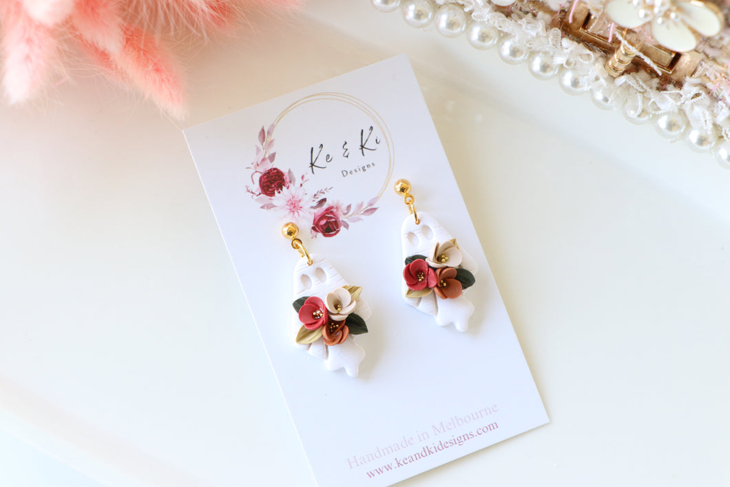 Floral Ghost Polymer Clay Earrings – Spooky Cute Halloween Earrings | Handmade Feminine Ghost Jewelry | KeandKi Designs ( White terracotta red beige Floral )