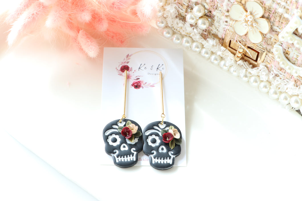 Embossed Skull Floral Dangle Polymer Clay Earrings – Handmade Gothic Floral Earrings | Spooky Elegant Halloween Jewelry | KeandKi Designs