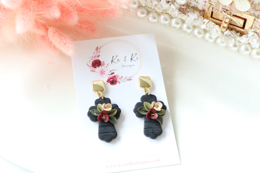 Cross Floral Polymer Clay Earrings – Handmade Floral Statement Earrings | Christian Jewelry | KeandKi Designs ( Black Florals )