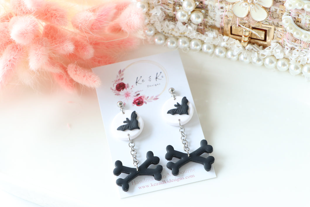 Bat and Bone Polymer Clay Earrings – Handmade Halloween Earrings | Spooky Gothic Statement Jewelry | KeandKi Designs